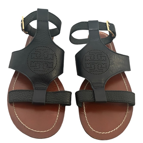 Tory Burch Black Leather Gladiator Ankle Strap Flats Sandals - Picture 2 of 10
